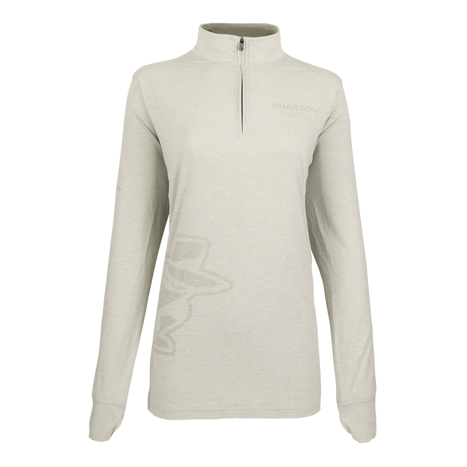 The Boeing Phantom Works 2025 Women’s Quarter-Zip by BOEING is a light gray, long-sleeve pullover with a stand-up collar, subtle branding, and a faint front graphic inspired by military aviation.