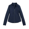 The johnnie-O Boeing Women’s Hannah Mixed Media Performance Jacket by BOEING is navy blue with long sleeves, quilted front panels, smooth fabric sleeves, zippered side pockets, and a subtle logo on the left sleeve.
