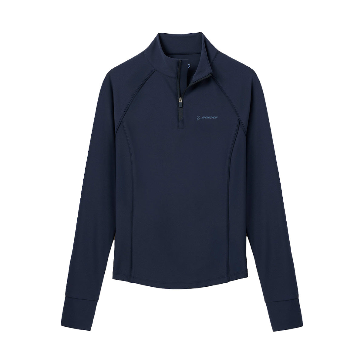 The BOEING johnnie-O Women’s Jasmine Performance Quarter-Zip in navy features a small embroidered logo on the left chest, is crafted from UPF 50, moisture-wicking fabric, and is displayed on a plain white background.