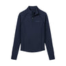 The BOEING johnnie-O Women’s Jasmine Performance Quarter-Zip in navy features a small embroidered logo on the left chest, is crafted from UPF 50, moisture-wicking fabric, and is displayed on a plain white background.