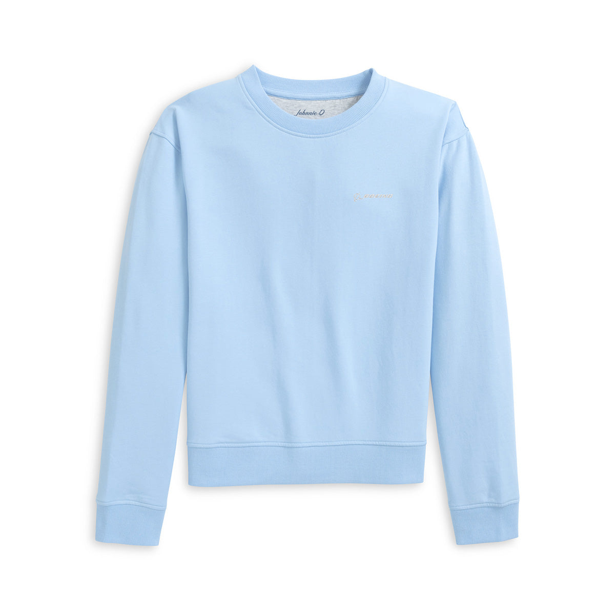 The johnnie-O Boeing Women’s Penny Crewneck Sweatshirt in light blue features ribbed cuffs and hem, subtle left chest text, and stretch for comfort—laid flat on a white background and perfect for any casual wardrobe.