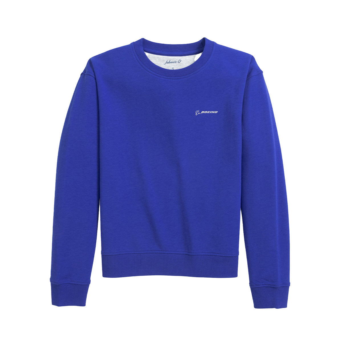 The BOEING johnnie-O Women’s Penny Crewneck Sweater is royal blue with long sleeves, ribbed cuffs, and a small white Boeing logo and emblem on the left chest. It is shown against a white background.