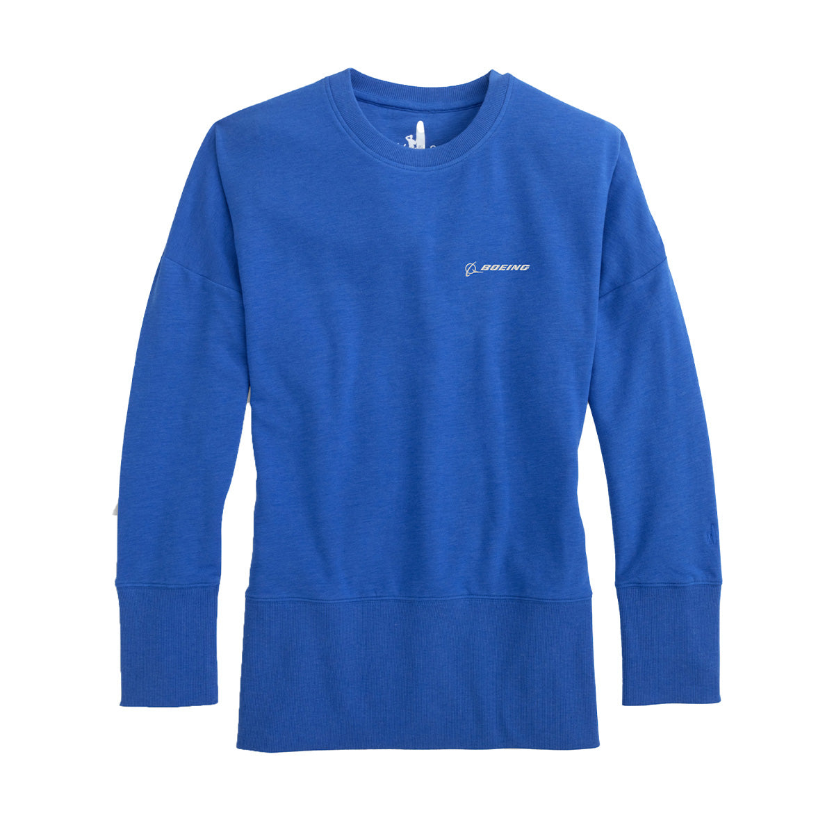The johnnie-O Boeing Women’s Brittany Crewneck Sweatshirt by BOEING is a blue, slouchy crewneck with a white Boeing logo on the left chest, ribbed cuffs, and a simple design for everyday comfort.