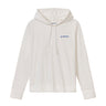 The johnnie-O Boeing Women’s Nalla Performance Hoodie by BOEING is a plain white, moisture-wicking hoodie with a front pocket, drawstrings, and a small blue Boeing logo with text on the left chest.