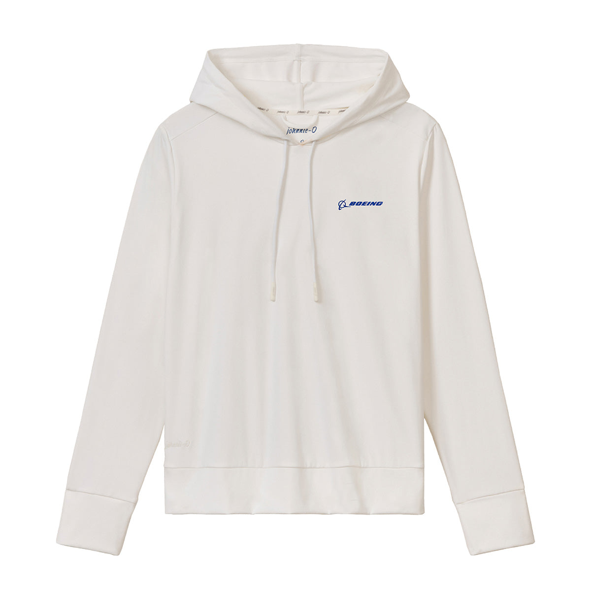 The johnnie-O Boeing Women’s Nalla Performance Hoodie by BOEING is a plain white, moisture-wicking hoodie with a front pocket, drawstrings, and a small blue Boeing logo with text on the left chest.