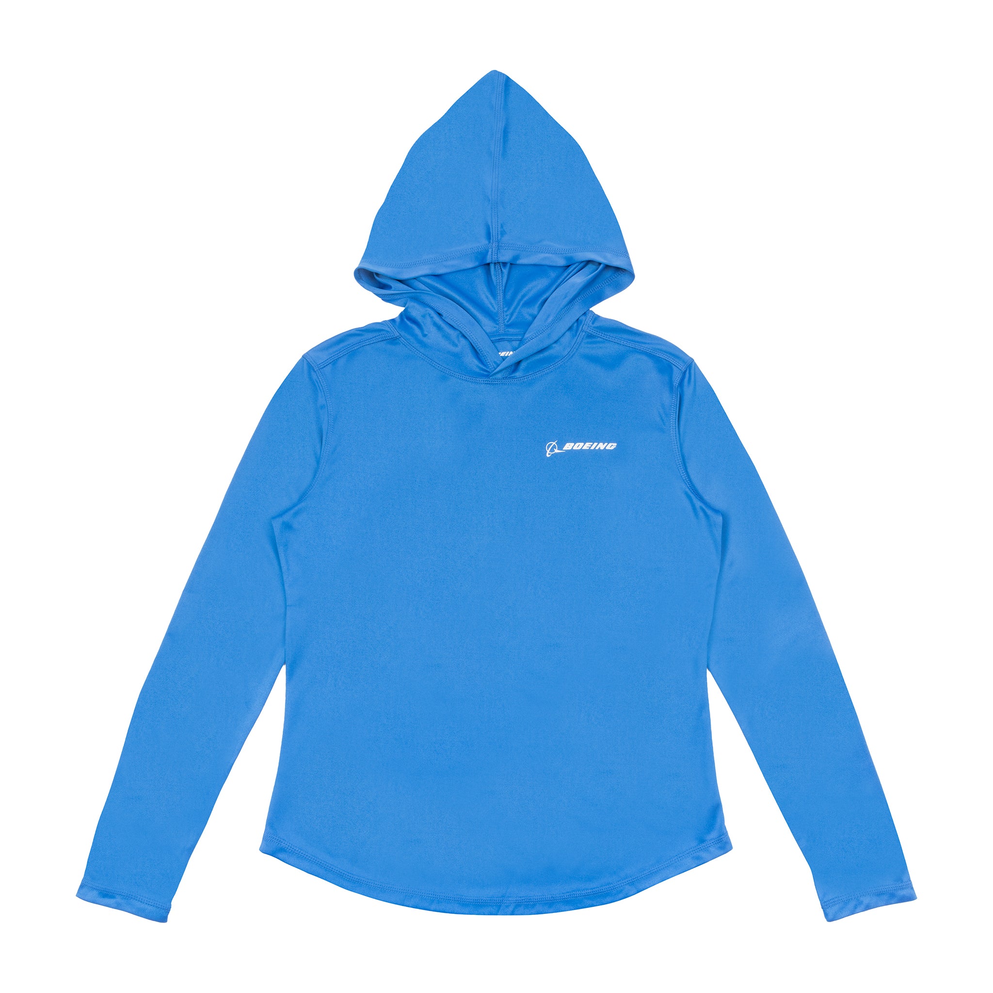The Boeing Women's UV Hooded Long Sleeve Shirt by BOEING, shown flat on a white background, is bright blue with a small white logo on the left chest and provides UPF 50+ sun protection.