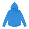 A vibrant blue Boeing Signature Logo Women's UV Hoodie by BOEING with a small white logo on the left chest, long sleeves, hood, and UPF 50+ protection, shown laid flat on a white background.