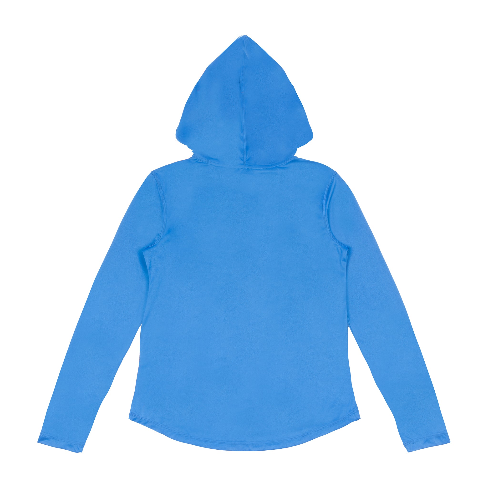 The Boeing Signature Logo Women's UV Hoodie by BOEING is a long-sleeved, bright blue hoodie with UPF 50+ protection, shown from the back and laid flat on a white background.