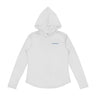 The Boeing Signature Logo Women's UV Hoodie by BOEING is a plain white quick-dry long-sleeve shirt with a hood and a small blue Boeing logo on the left chest, shown against a white background.