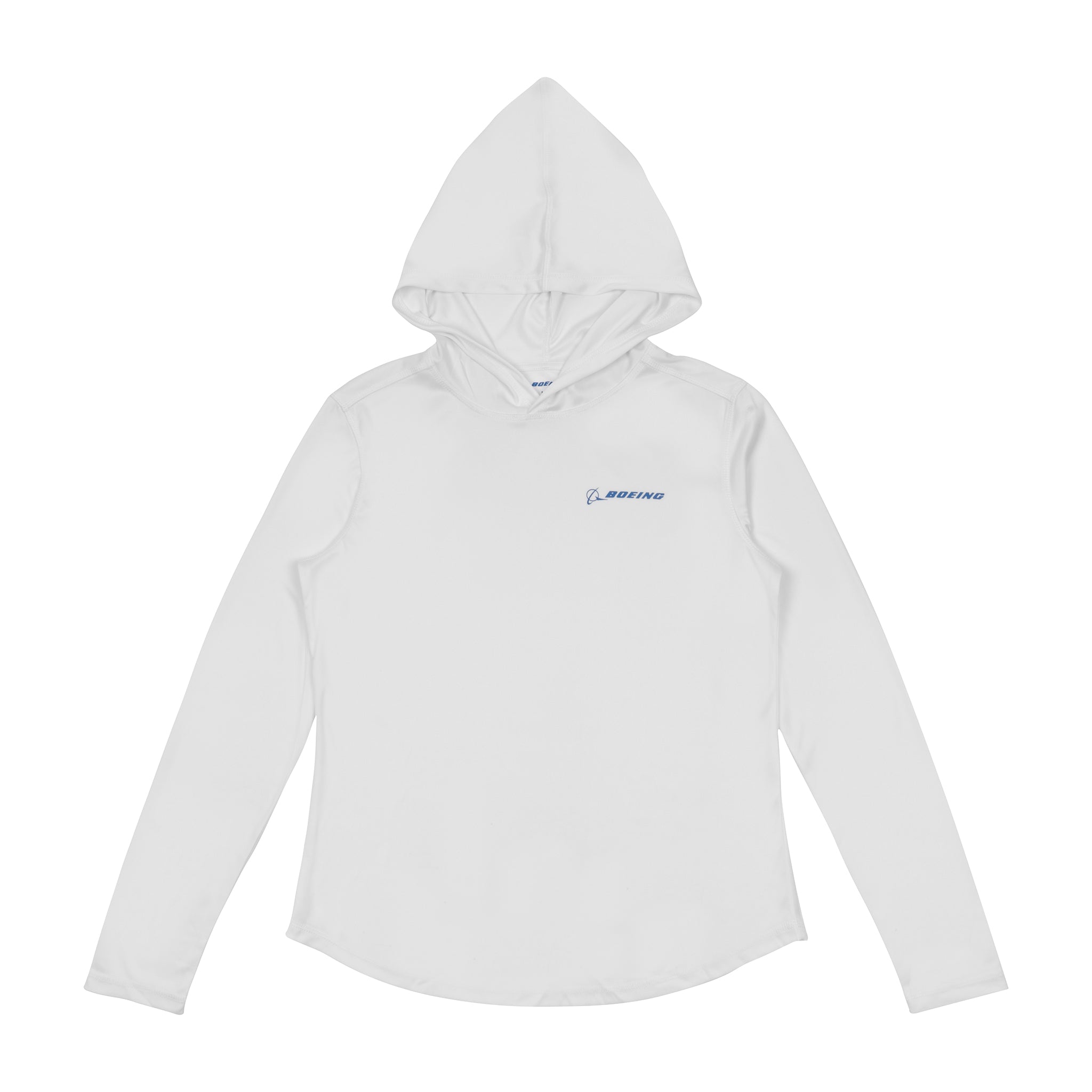 The Boeing Signature Logo Women's UV Hoodie by BOEING is a plain white quick-dry long-sleeve shirt with a hood and a small blue Boeing logo on the left chest, shown against a white background.
