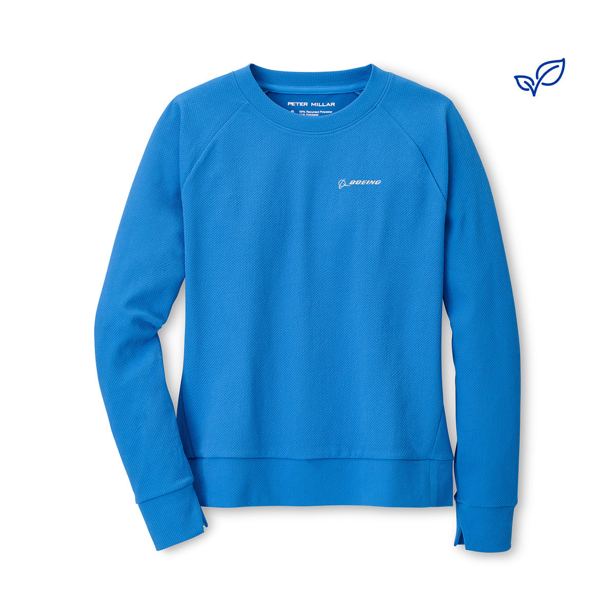 The Peter Millar Boeing Women’s Lumi-Knit Lite Crewneck is a bright blue, long-sleeve sweatshirt with a small white embroidered logo on the chest and a leaf emblem near the top right, offering classic style and moisture-wicking comfort.