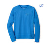 The Peter Millar Boeing Women’s Lumi-Knit Lite Crewneck is a bright blue, long-sleeve sweatshirt with a small white embroidered logo on the chest and a leaf emblem near the top right, offering classic style and moisture-wicking comfort.