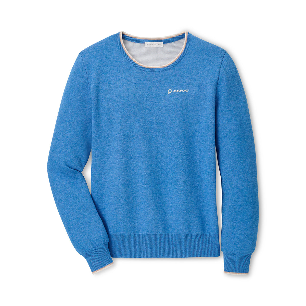 The Peter Millar Boeing Women’s Coolspun Lite Cotton Crewneck is a light blue long-sleeve sweatshirt with ribbed cuffs and hem, featuring a small white Boeing logo on the left chest. It is shown laid flat on a white background.