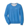 The Peter Millar Boeing Women’s Coolspun Lite Cotton Crewneck is a light blue long-sleeve sweatshirt with ribbed cuffs and hem, featuring a small white Boeing logo on the left chest. It is shown laid flat on a white background.