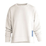 The Boeing Women's Split-Hem Crewneck Sweatshirt by BOEING is a plain white top with a classic crewneck and "BOEING" printed vertically in blue on the lower left side.