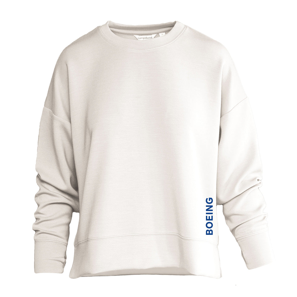 The Boeing Women's Split-Hem Crewneck Sweatshirt by BOEING is a plain white top with a classic crewneck and "BOEING" printed vertically in blue on the lower left side.