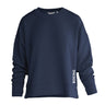 The Boeing Women's Split-Hem Crewneck Sweatshirt by BOEING is navy blue with long sleeves and features "BOEING" printed vertically in white near the lower left hem.
