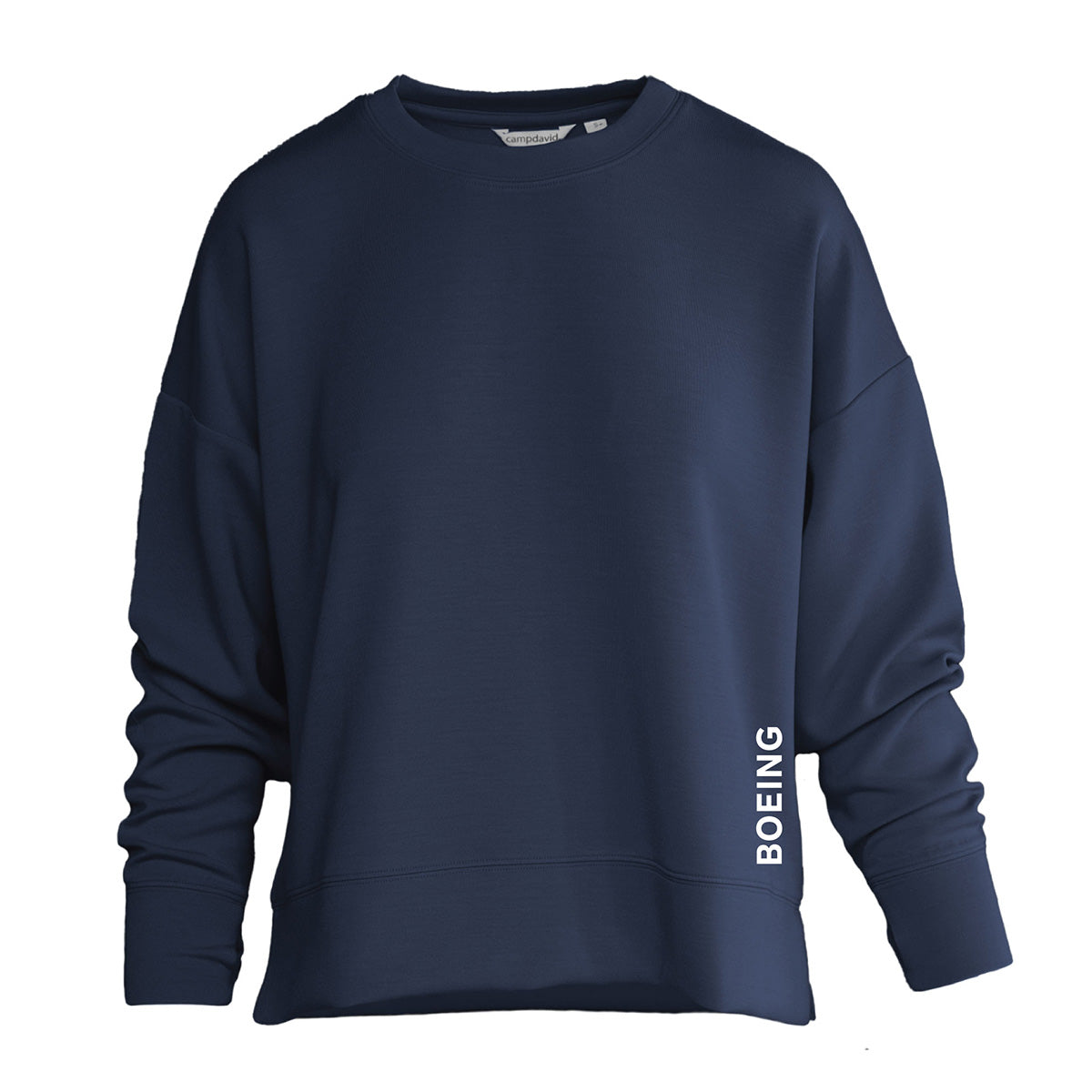 The Boeing Women's Split-Hem Crewneck Sweatshirt by BOEING is navy blue with long sleeves and features "BOEING" printed vertically in white near the lower left hem.