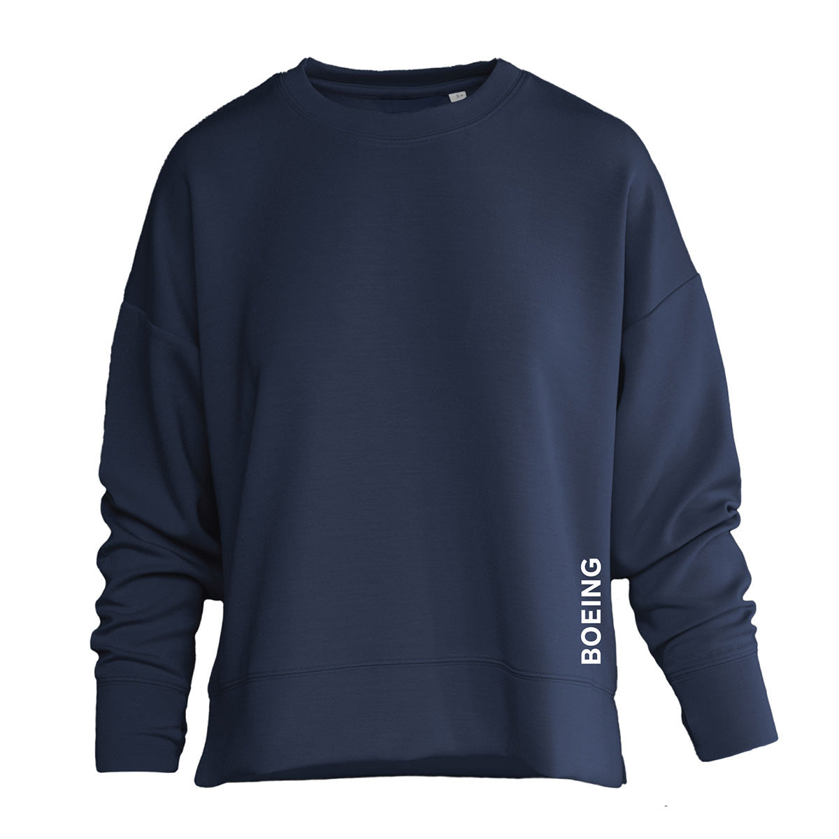 The Boeing Women's Split-Hem Crewneck Sweatshirt by BOEING features a navy blue color, relaxed fit, crewneck, long sleeves, and "BOEING" printed vertically in white near the lower left side—perfect for everyday comfort.