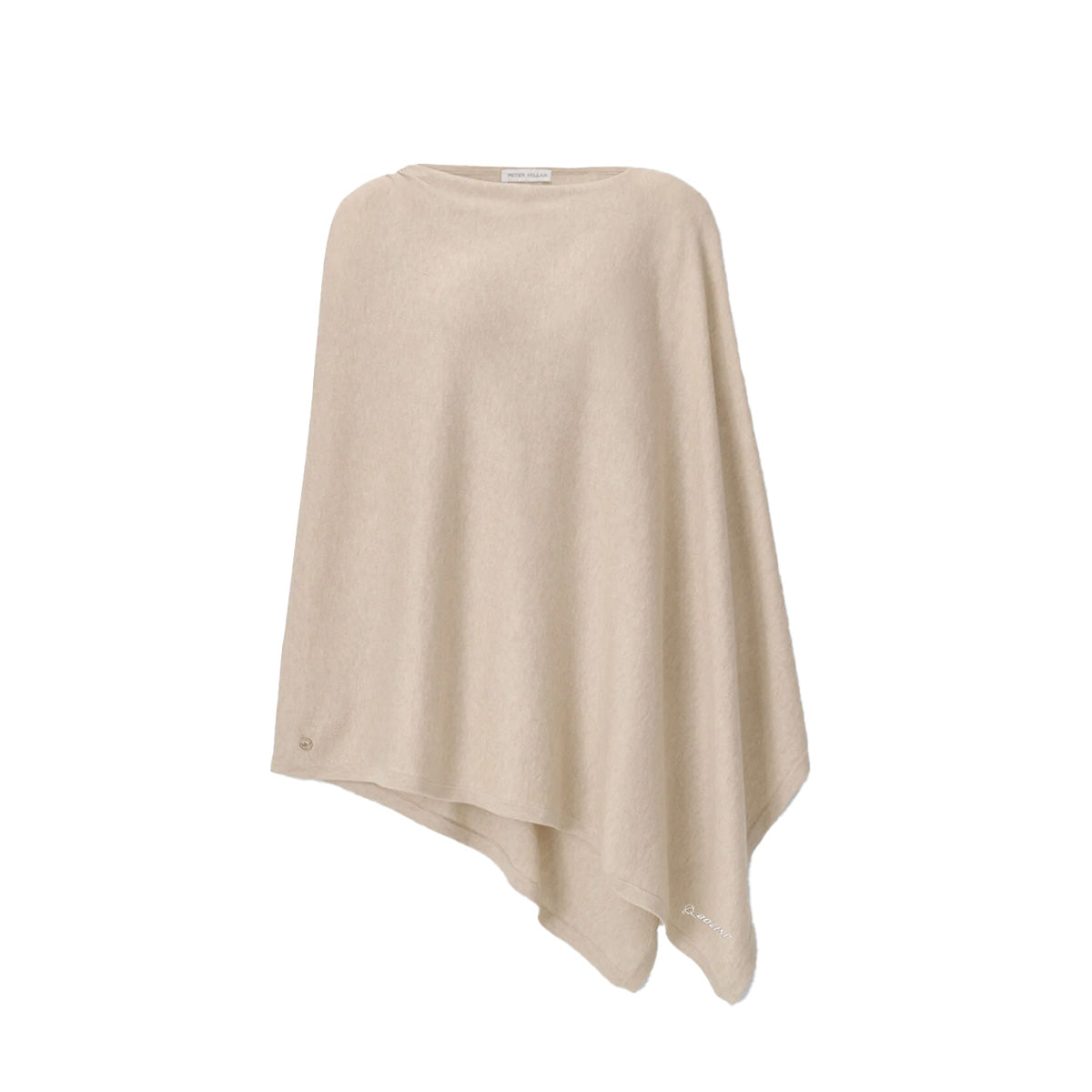 The Peter Millar Boeing Women’s Spring Blend Poncho by BOEING is a beige, asymmetrical poncho with a soft texture, loose drape, and an elegant, simple design.