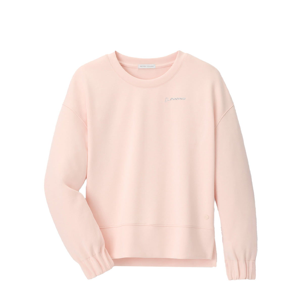 The Peter Millar Boeing Women’s Flora Knit Mélange Crewneck is a light pink long-sleeve sweatshirt with elastic cuffs, soft stretch jersey fabric, and a subtle embroidered Boeing logo on the upper left chest.