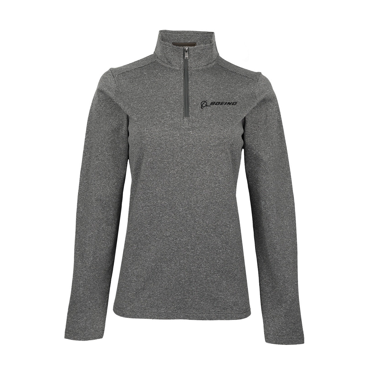 The Boeing Women's Signature Logo Stripe Quarter-Zip Pullover by BOEING features gray, textured, moisture-wicking fabric, a quarter-zip front, and the Boeing logo on the left chest. Stylish and fitted for all-day comfort.