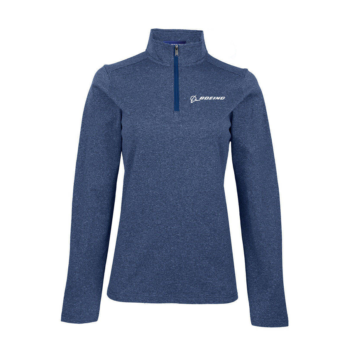 The Boeing Women's Signature Stripe Quarter-Zip Pullover by BOEING features a blue heathered design, white left chest logo, stand-up collar, fitted silhouette, and moisture-wicking fleece for all-day comfort.