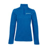 The Boeing Women's Signature Logo Stripe Quarter-Zip Pullover by BOEING features a blue heathered performance fleece, quarter-zip front, moisture-wicking fabric, and a white Boeing logo on the left chest.
