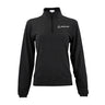 The Boeing Signature Women's Lux Quarter-Zip is a black pullover sweatshirt by BOEING, featuring long sleeves and the Boeing logo in white on the left chest. Crafted from premium moisture-wicking fabric, this stylish quarter-zip is shown against a plain white background.