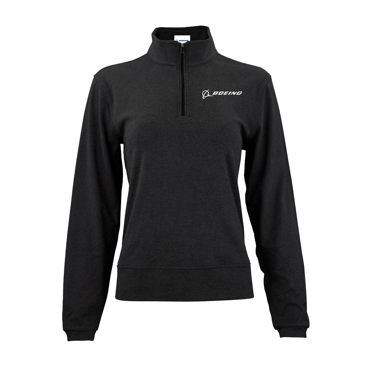 The Boeing Signature Women's Lux Quarter-Zip is a black pullover sweatshirt by BOEING, featuring long sleeves and the Boeing logo in white on the left chest. Crafted from premium moisture-wicking fabric, this stylish quarter-zip is shown against a plain white background.