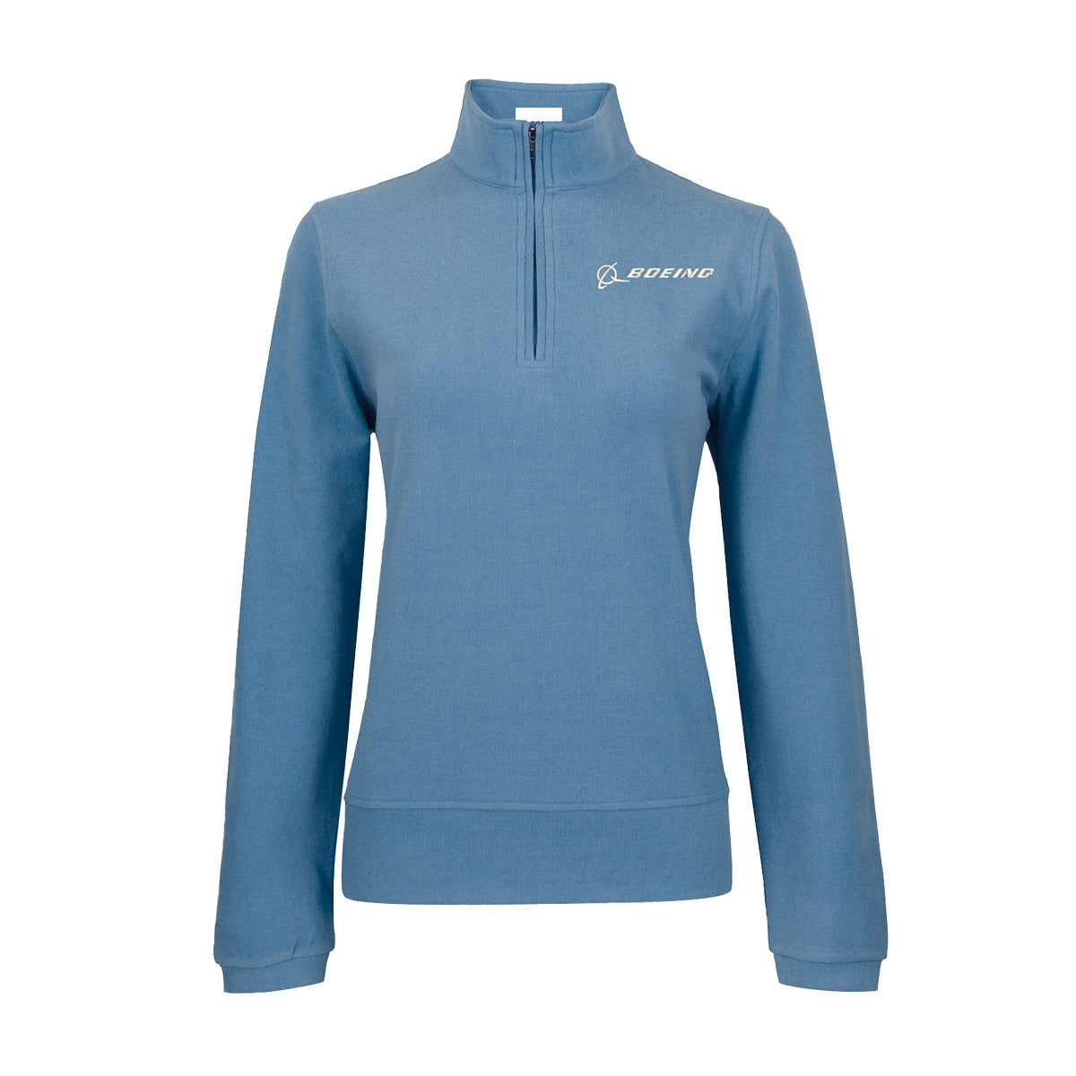 The Boeing Signature Women's Lux Quarter-Zip by BOEING is a light blue, long-sleeve pullover made from premium, moisture-wicking fabric for lasting comfort. It features the white Boeing logo on the left chest and is displayed against a plain white background.