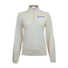 The Boeing Signature Women's Lux Quarter-Zip by BOEING is a cream-colored pullover featuring long sleeves and the iconic Boeing logo in blue on the left chest. Made from premium, moisture-wicking fabric, it includes a stand-up collar and a half-length front zipper for added style and comfort.