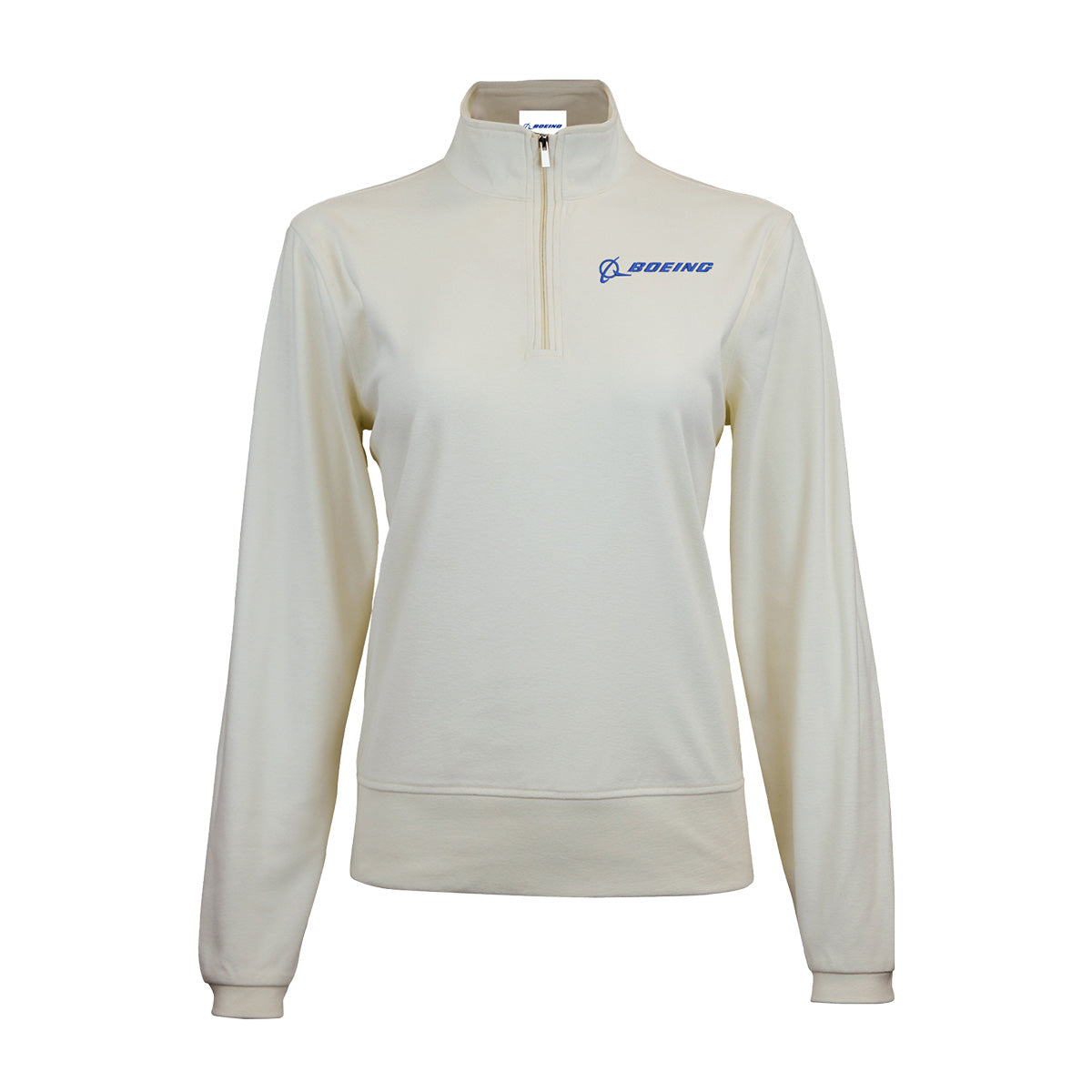 The Boeing Signature Women's Lux Quarter-Zip by BOEING is a cream-colored pullover featuring long sleeves and the iconic Boeing logo in blue on the left chest. Made from premium, moisture-wicking fabric, it includes a stand-up collar and a half-length front zipper for added style and comfort.