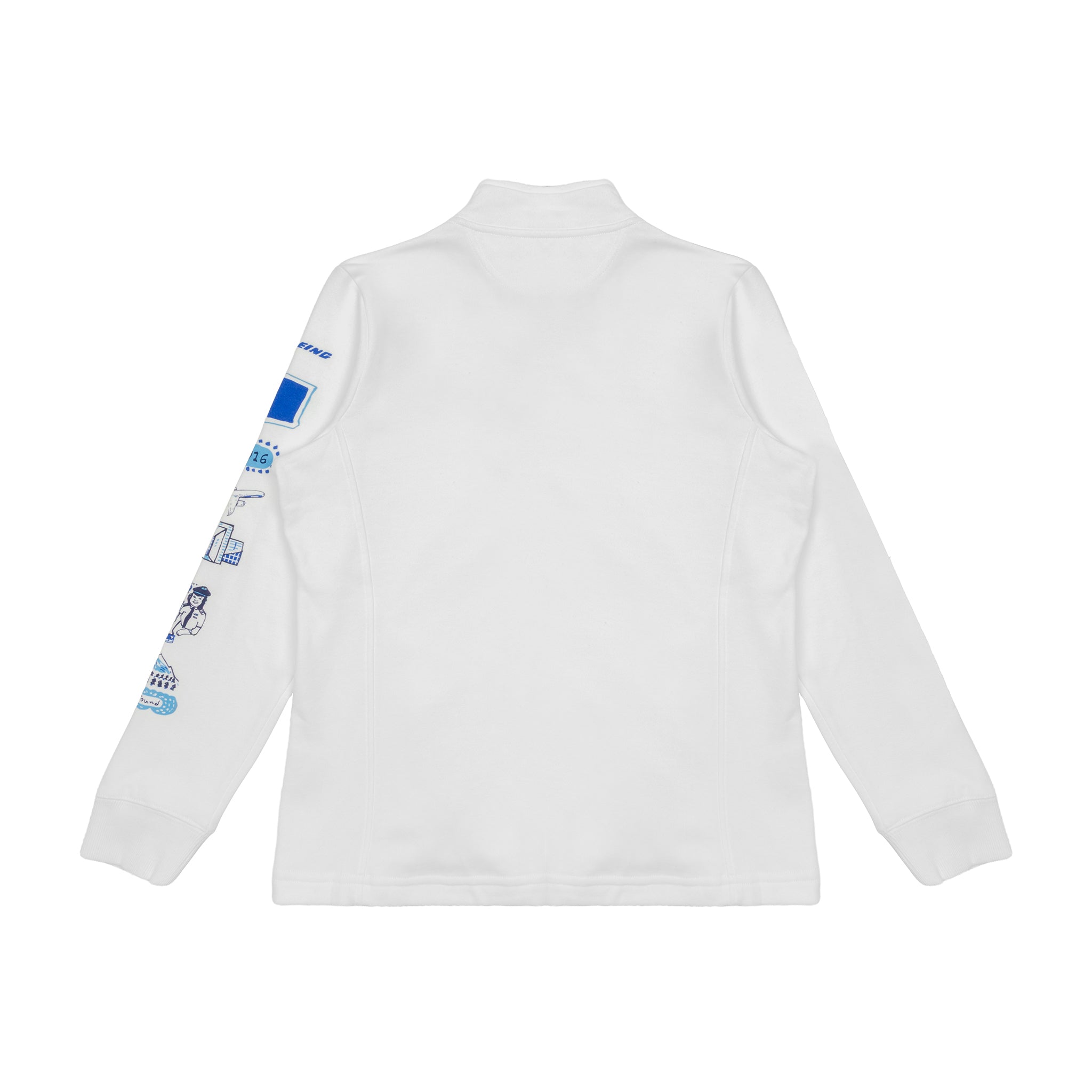 The Boeing Future Of Flight Women's Quarter-Zip Pullover by BOEING is white, with blue and gray Julia Gash-inspired graphics on the right sleeve. The main body and back are plain, featuring no visible logos or patterns.
