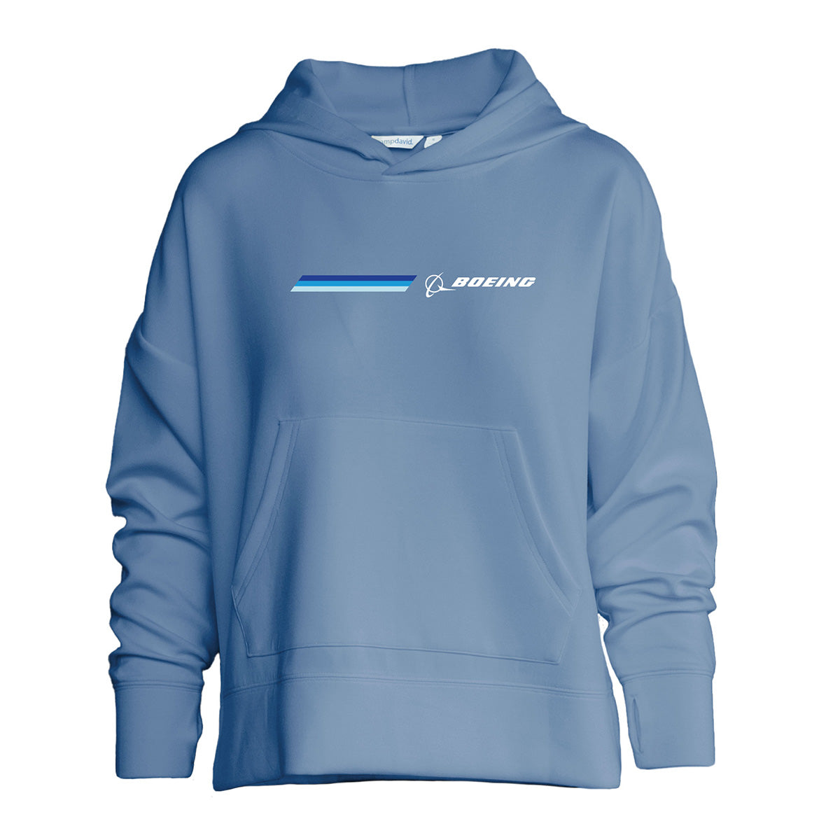The Boeing Women's Signature Stripe Hoodie by BOEING is a light blue casual hoodie with front pocket, hood, thumb holes, white logo and name, and blue diagonal chest stripes.