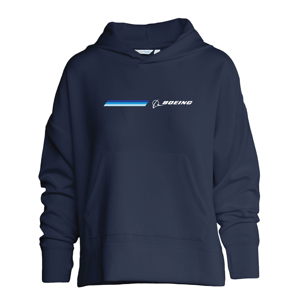 The Boeing Women's Signature Stripe Hoodie by BOEING features a navy blue design with a front pocket, blue diagonal stripe, white chest logo, and thumb holes for comfort—perfect for versatile casual wear.