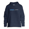 The Boeing Women's Signature Stripe Hoodie by BOEING features a navy blue design with a front pocket, blue diagonal stripe, white chest logo, and thumb holes for comfort—perfect for versatile casual wear.