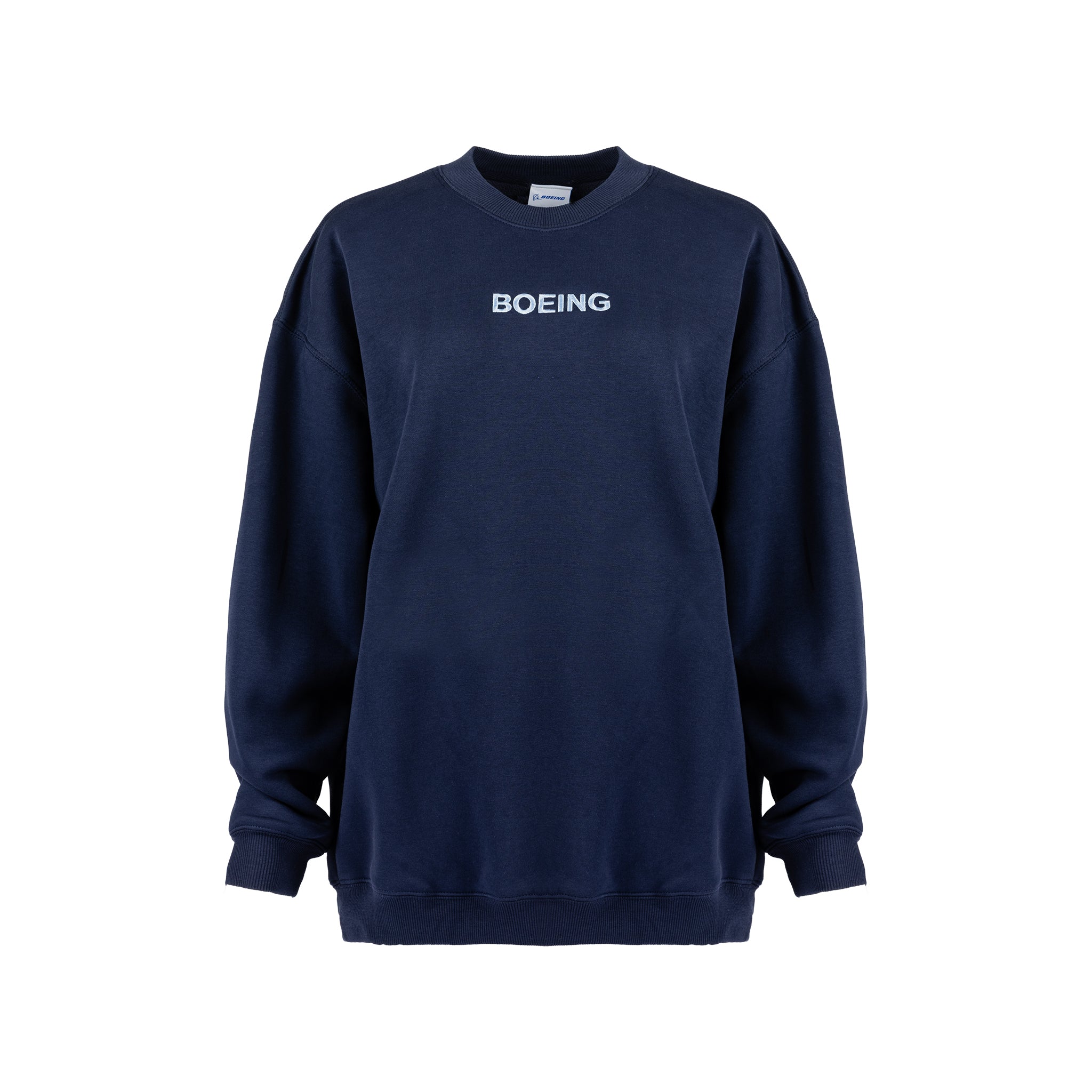 The Boeing Women’s Drop Shoulder Crewneck Sweatshirt by BOEING is shown in navy blue with “BOEING” embroidered in white capital letters across the chest, featuring a classic missy fit and displayed against a white background.