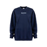 The Boeing Women’s Drop Shoulder Crewneck Sweatshirt by BOEING is shown in navy blue with “BOEING” embroidered in white capital letters across the chest, featuring a classic missy fit and displayed against a white background.