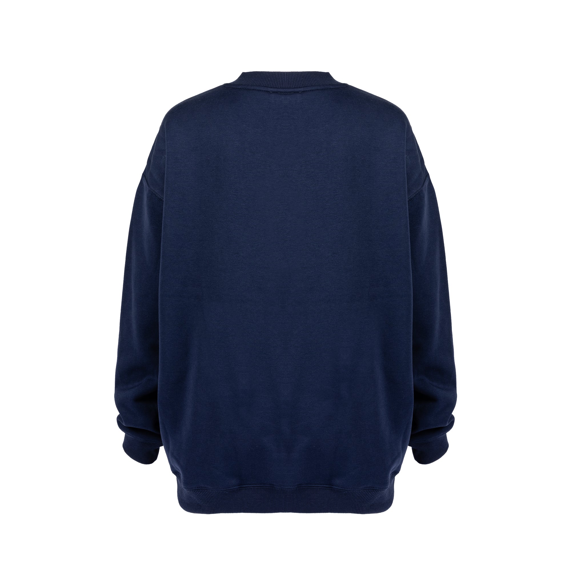 The Boeing Women’s Drop Shoulder Crewneck Sweatshirt by BOEING is shown from the back against a white background. This dark blue sweatshirt features long sleeves, a relaxed missy fit, and classic embroidered BOEING detailing.