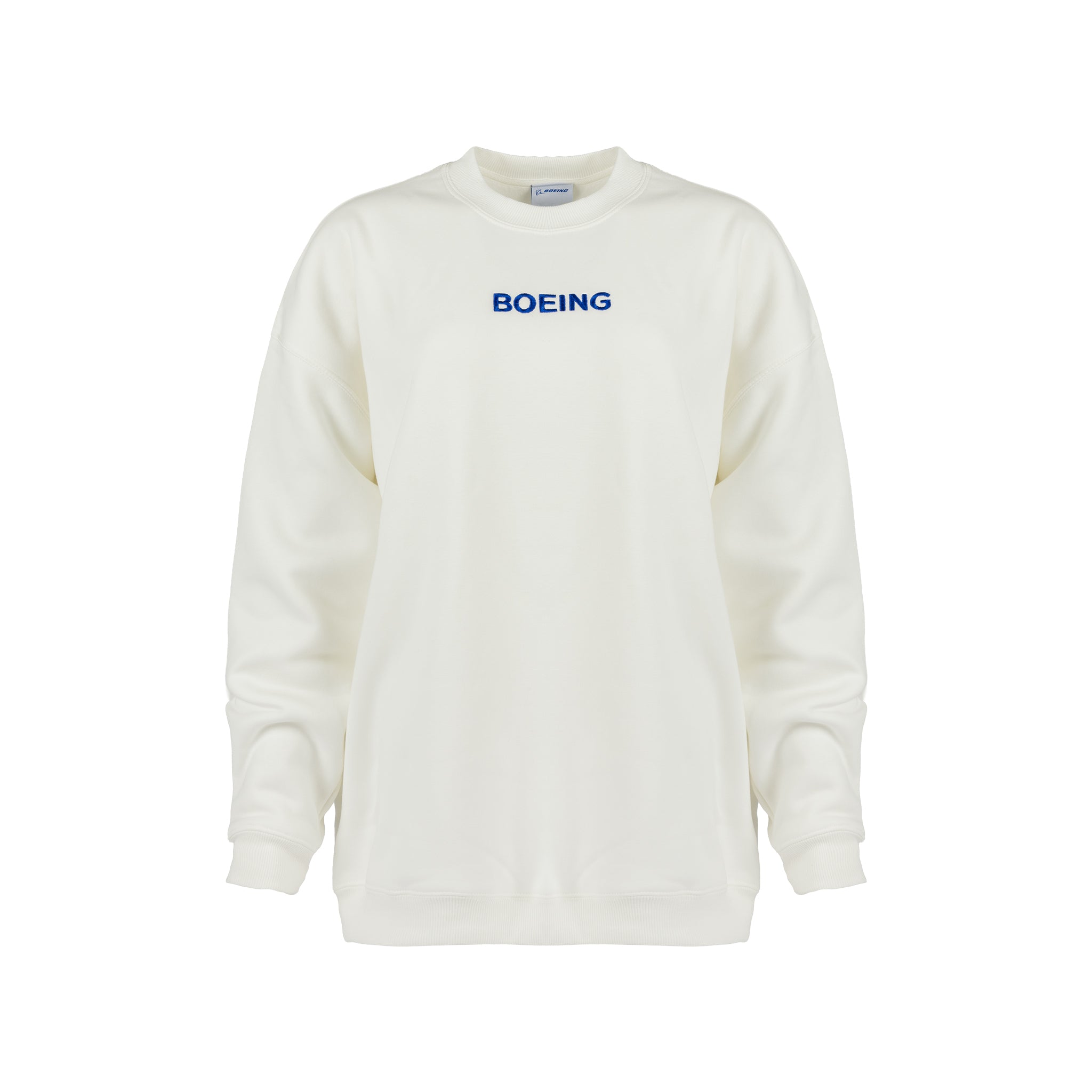 The Boeing Women’s Drop Shoulder Crewneck Sweatshirt by BOEING features a comfortable missy fit and showcases the word “BOEING” printed in blue, centered on the chest. The plain white crewneck sweatshirt is displayed against a white background.