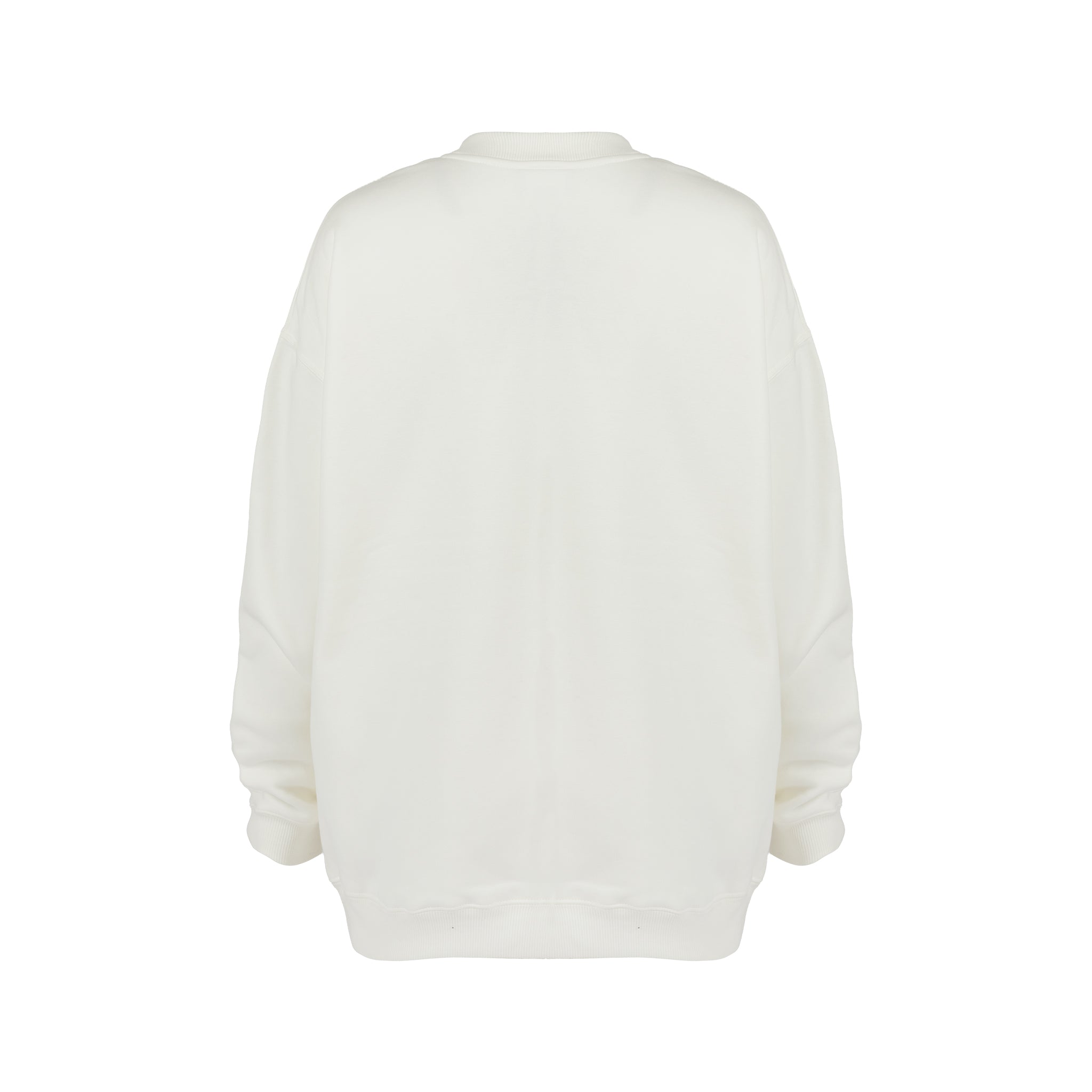 The Boeing Women’s Drop Shoulder Crewneck Sweatshirt by BOEING is shown from the back in plain white. It features long sleeves and a relaxed, oversized missy fit with no visible logos, patterns, or decorations.