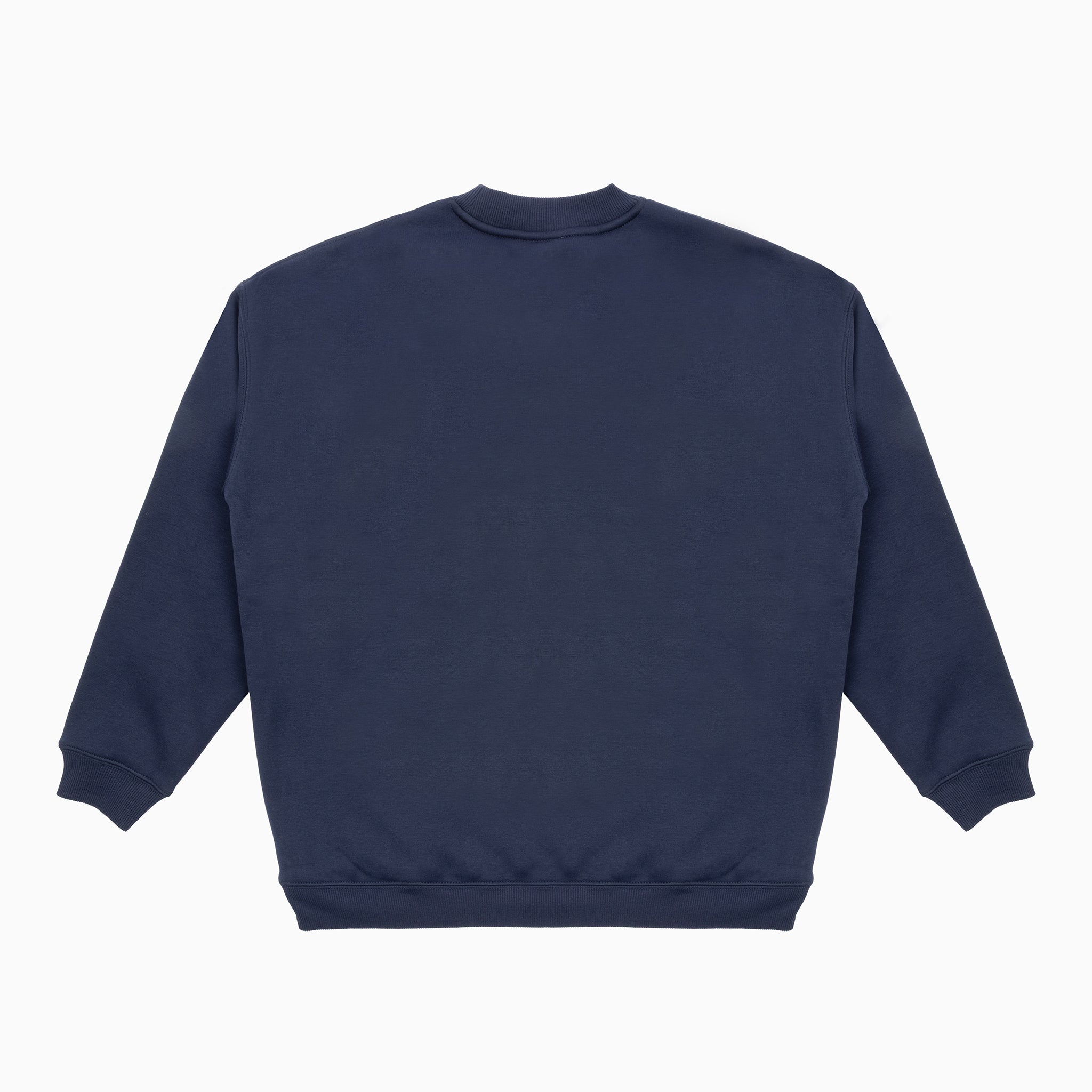 The Boeing Women's Drop Shoulder Crewneck Sweatshirt by BOEING is shown flat, back side up, featuring long sleeves with ribbed cuffs and a ribbed waistband in plain navy blue against a white background.