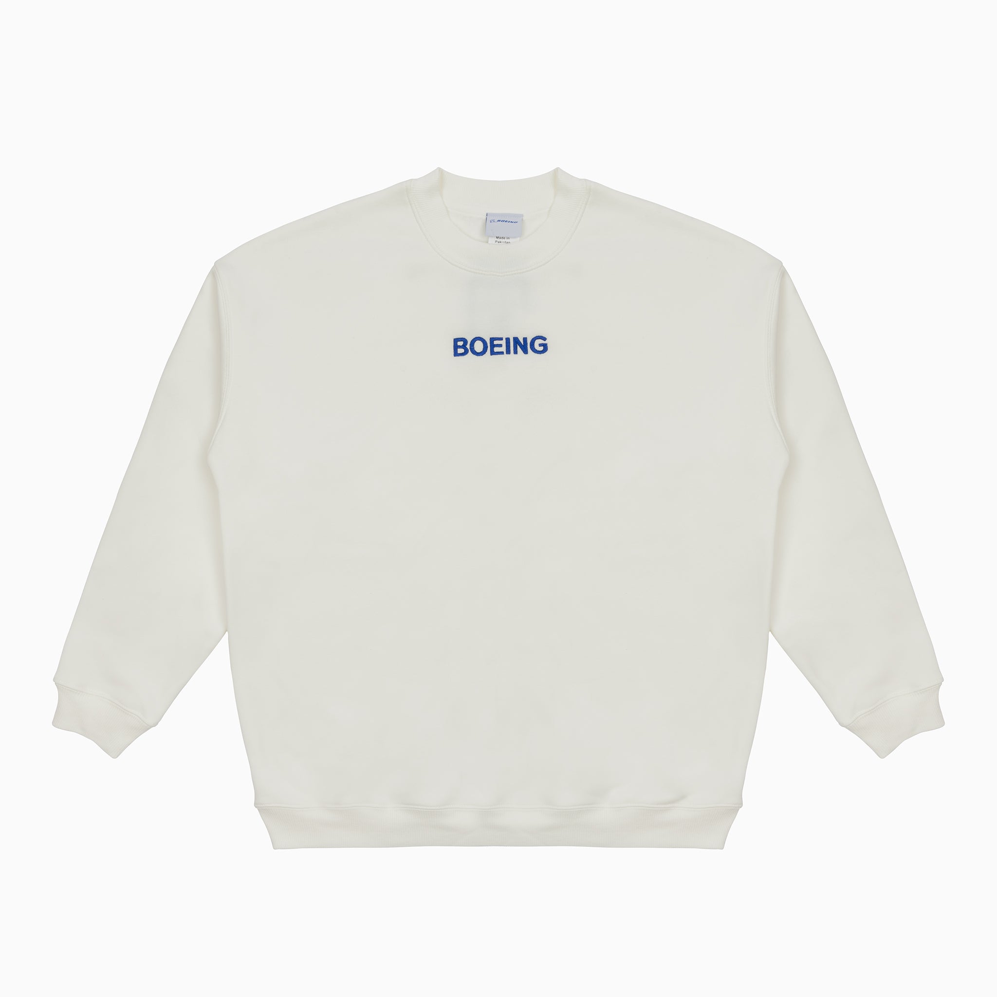 The Boeing Women's Drop Shoulder Crewneck Sweatshirt by BOEING features a plain white design with BOEING embroidered in blue on the chest and offers a classic missy fit for everyday comfort.