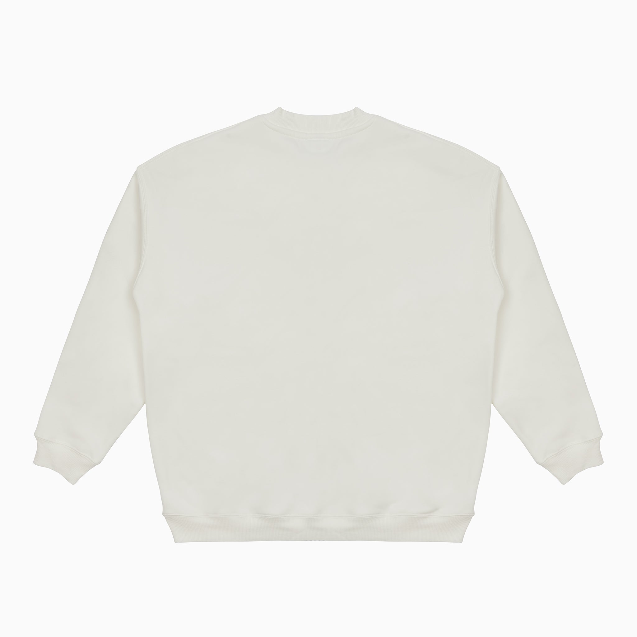 The BOEING Women's Drop Shoulder Crewneck Sweatshirt is displayed laid flat, back view. This missy-fit, plain white sweatshirt features long sleeves with ribbed cuffs and a ribbed waistband.