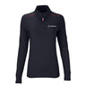 The Boeing Americana Women’s Quarter-Zip by BOEING is a black long-sleeve pullover featuring moisture-wicking fabric, red accents on the shoulders, and a white Boeing logo on the left chest.