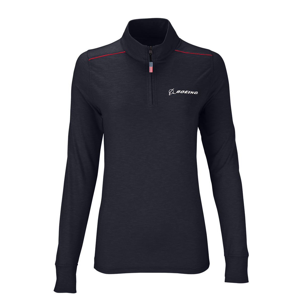 The Boeing Americana Women’s Quarter-Zip by BOEING is a black long-sleeve pullover featuring moisture-wicking fabric, red accents on the shoulders, and a white Boeing logo on the left chest.