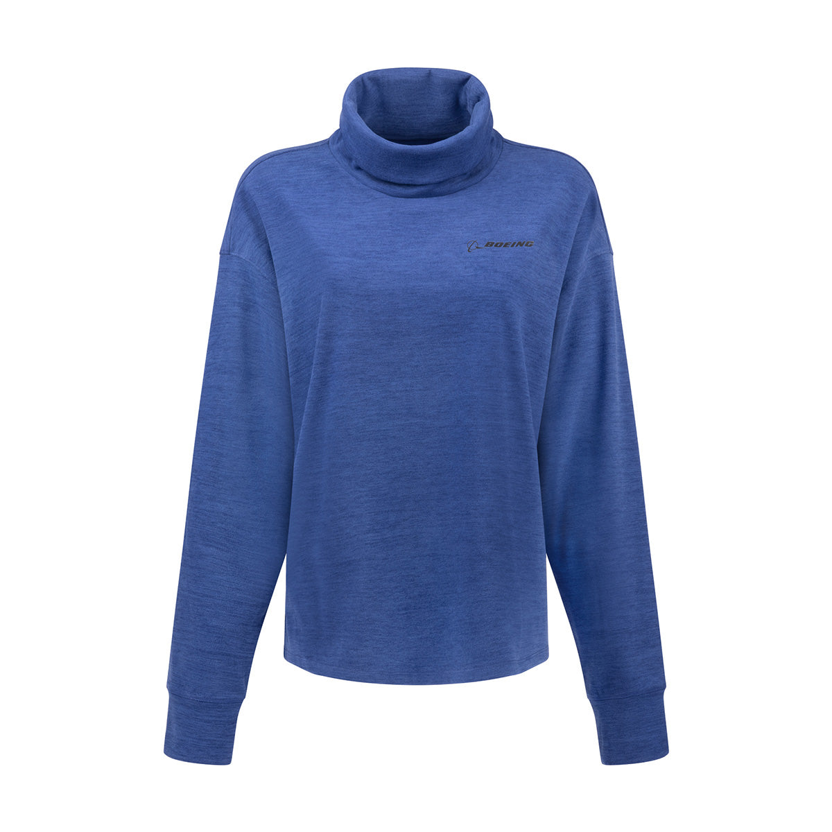 Blue long-sleeve Boeing Women’s Cashmere Fleece Mock Neck Pullover with a small Boeing logo on the left chest.