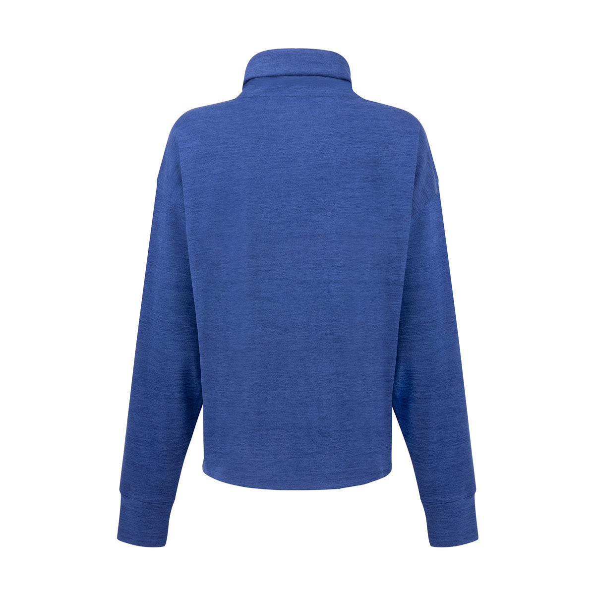 Back view of a blue Boeing Women’s Cashmere Fleece Mock Neck Pullover with long sleeves and ribbed cuffs.