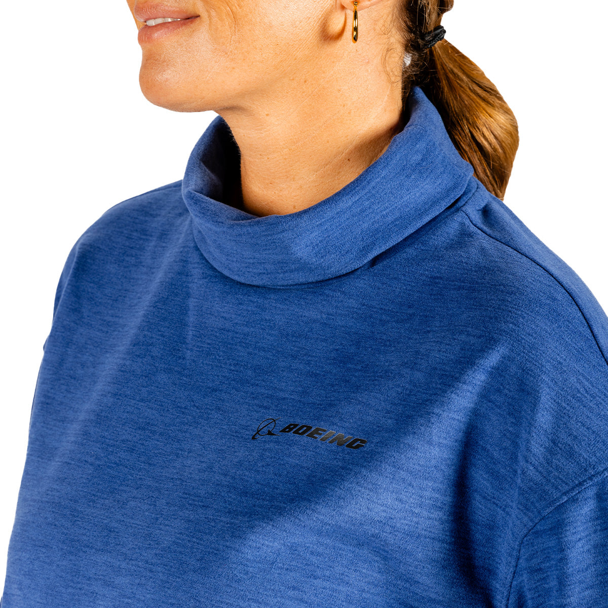 Blue long-sleeve Boeing Women’s Cashmere Fleece Mock Neck Pullover with the Boeing logo on the chest.
